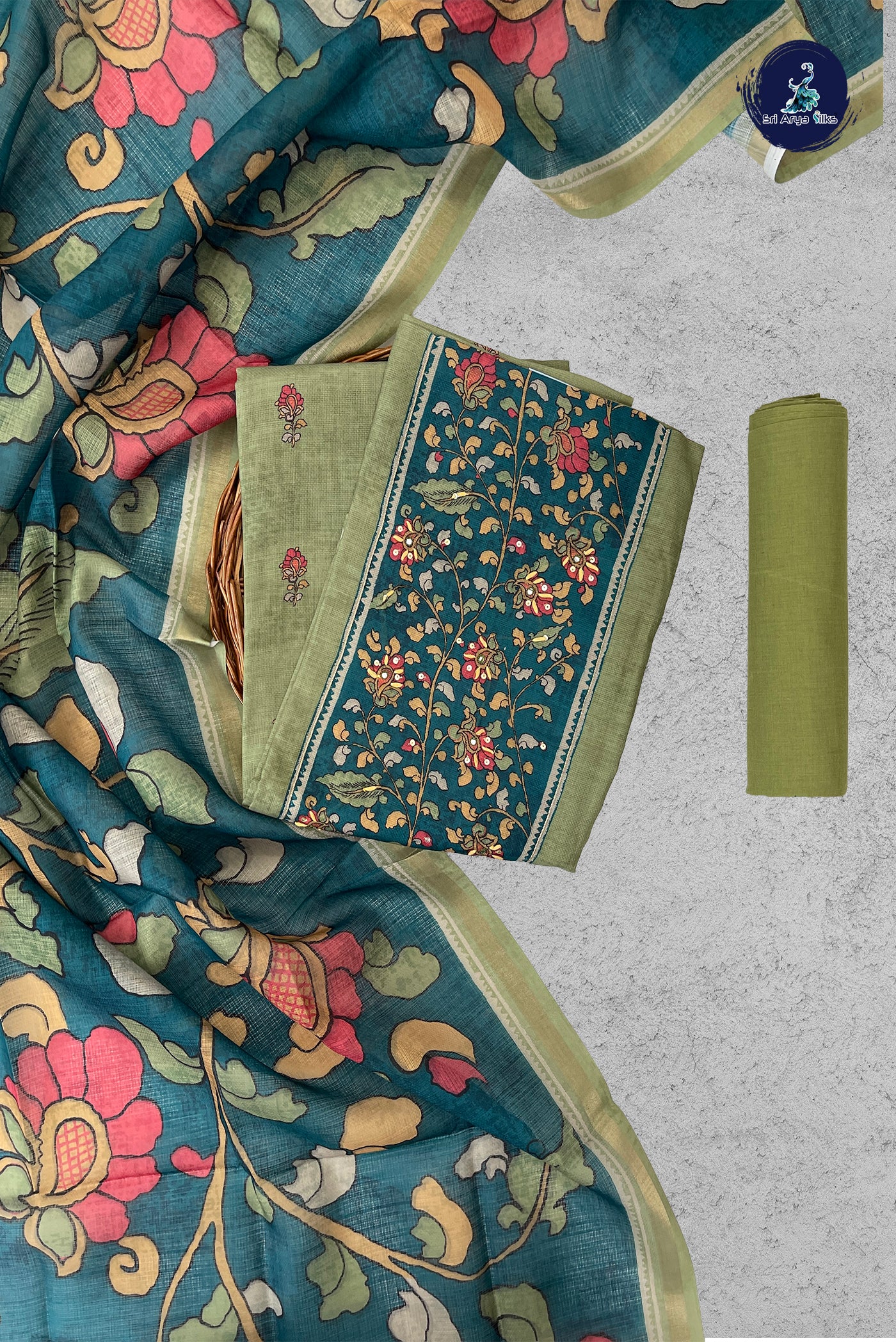 Green Cotton Unstitched Salwar Suit