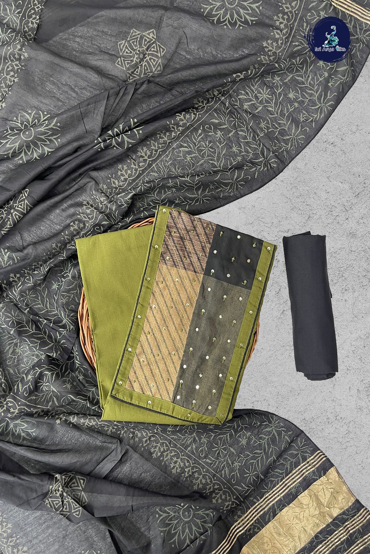 Green Cotton Unstitched Salwar Suit