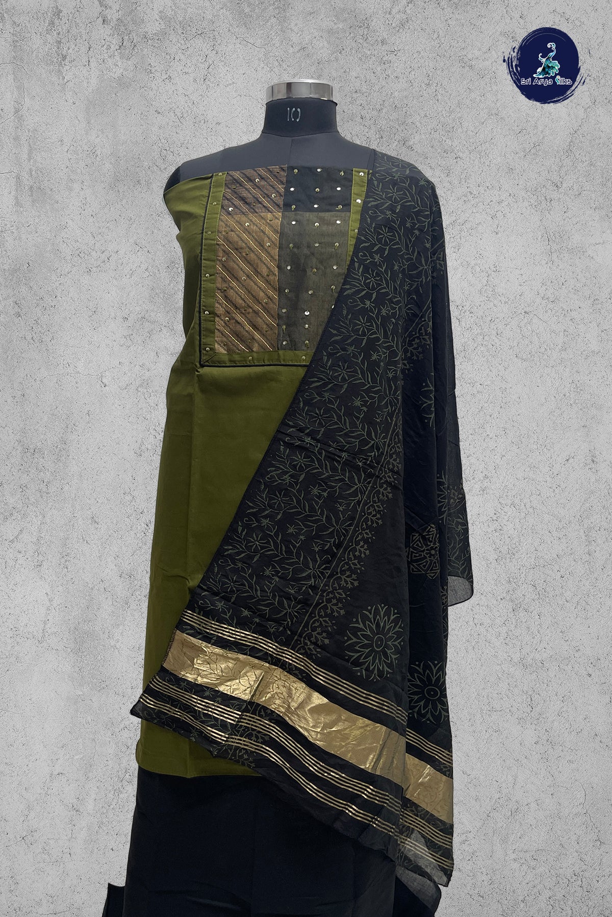 Green Cotton Unstitched Salwar Suit