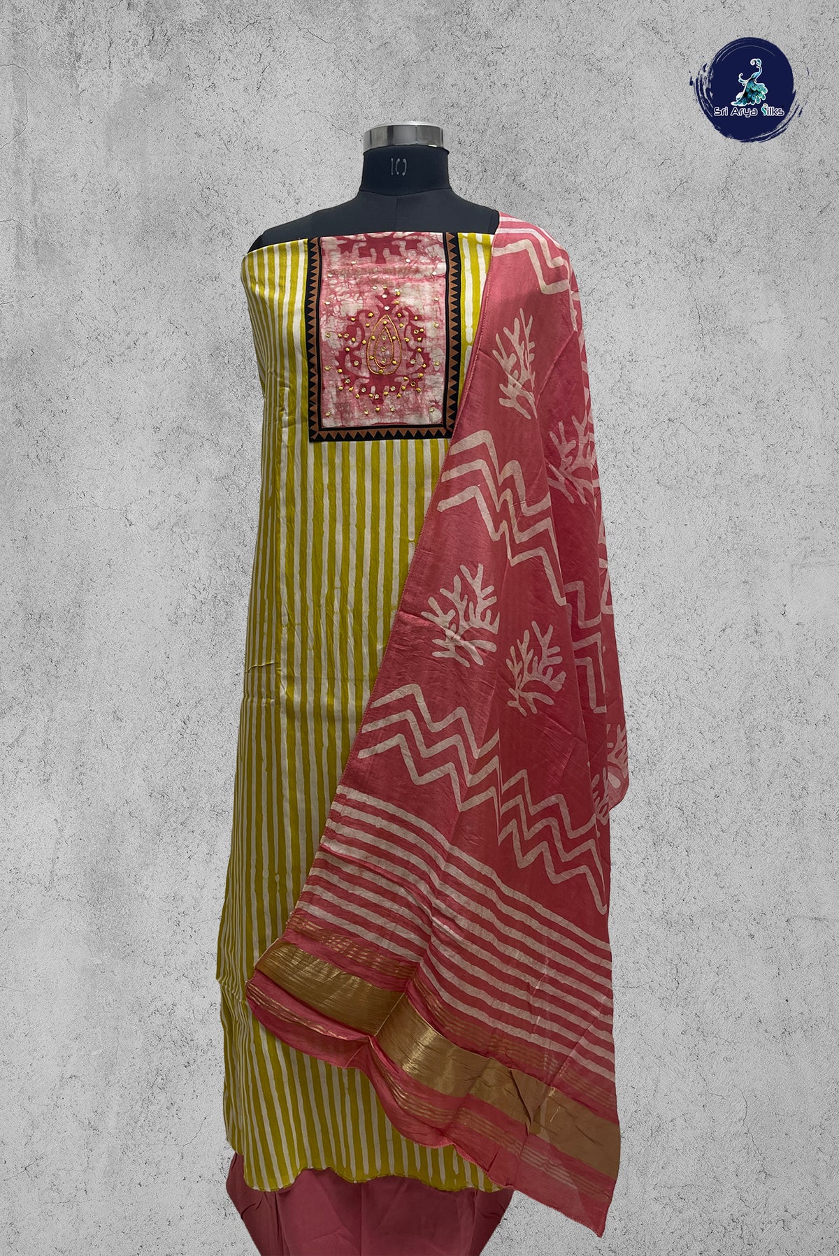 Yellowish Green Cotton Unstitched Salwar Suit