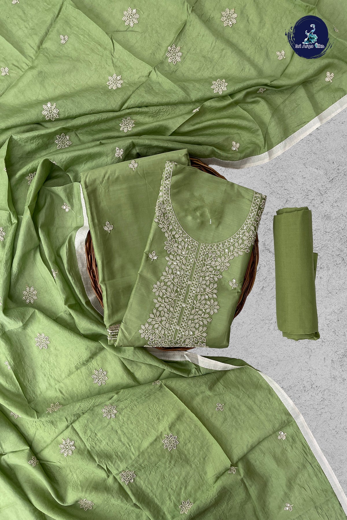 Green Semi Banarasi Unstitched Salwar Suit