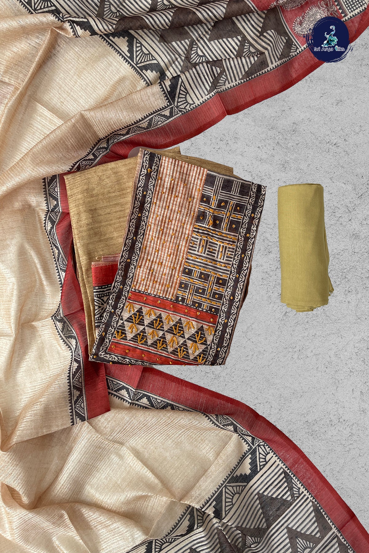Beige Tussar Unstitched Salwar Suit