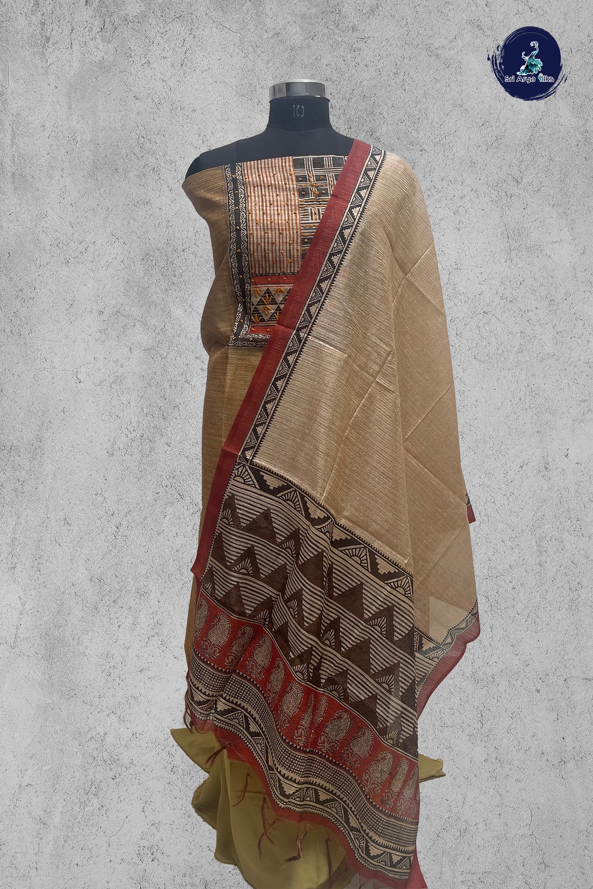 Beige Tussar Unstitched Salwar Suit