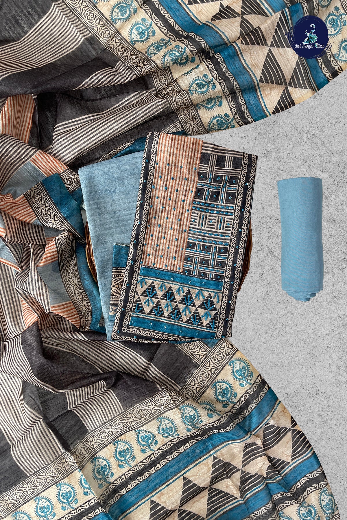Light Blue Tussar Unstitched Salwar Suit