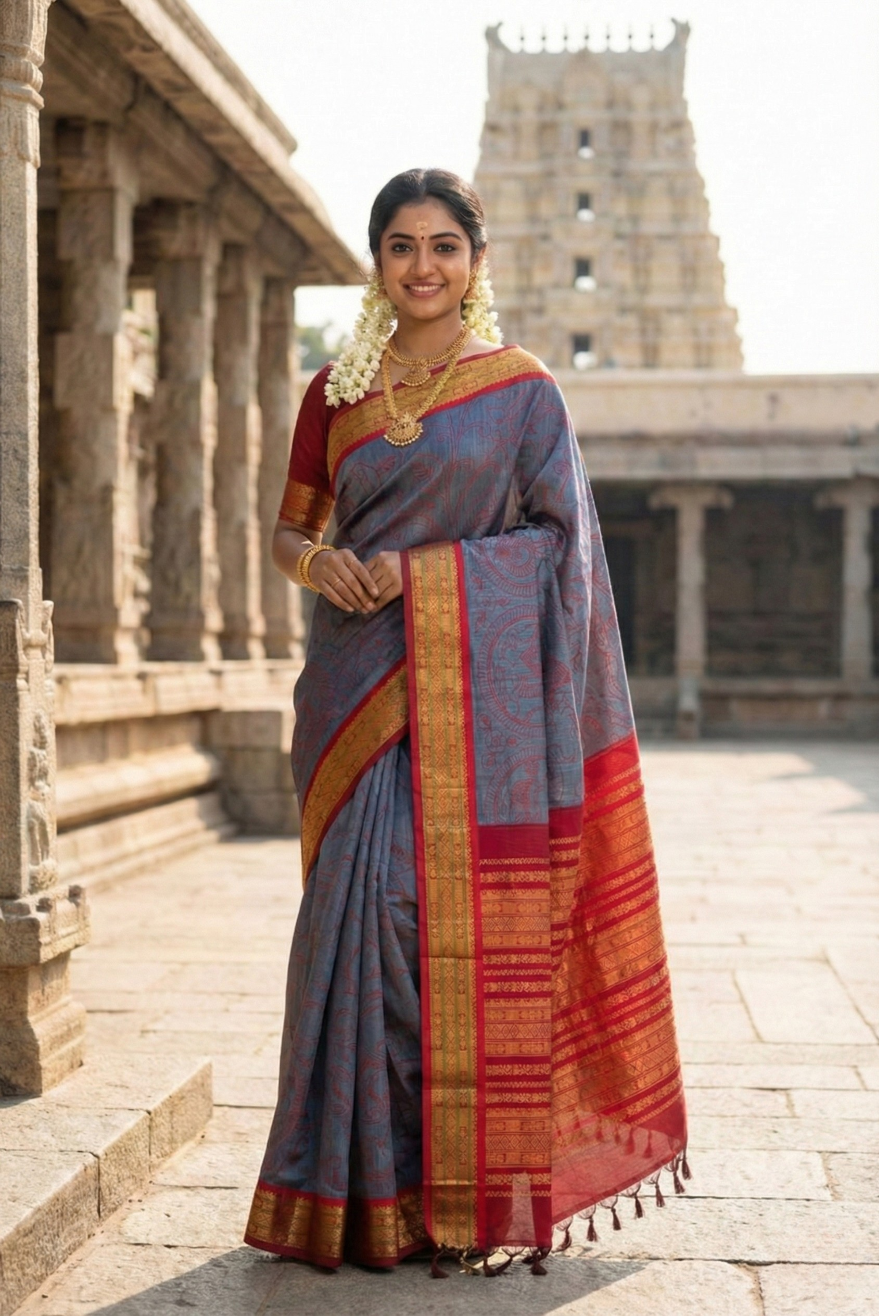 Grey Korvai Silk Cotton Saree With Kalamkari Pattern