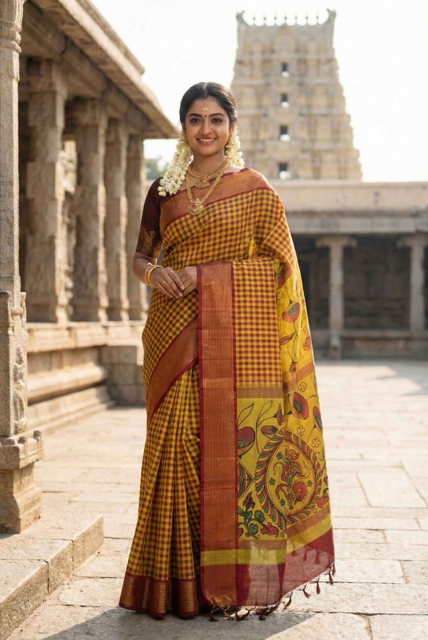 Golden Mustard Kalamkari Saree With Kalamkari Pattern