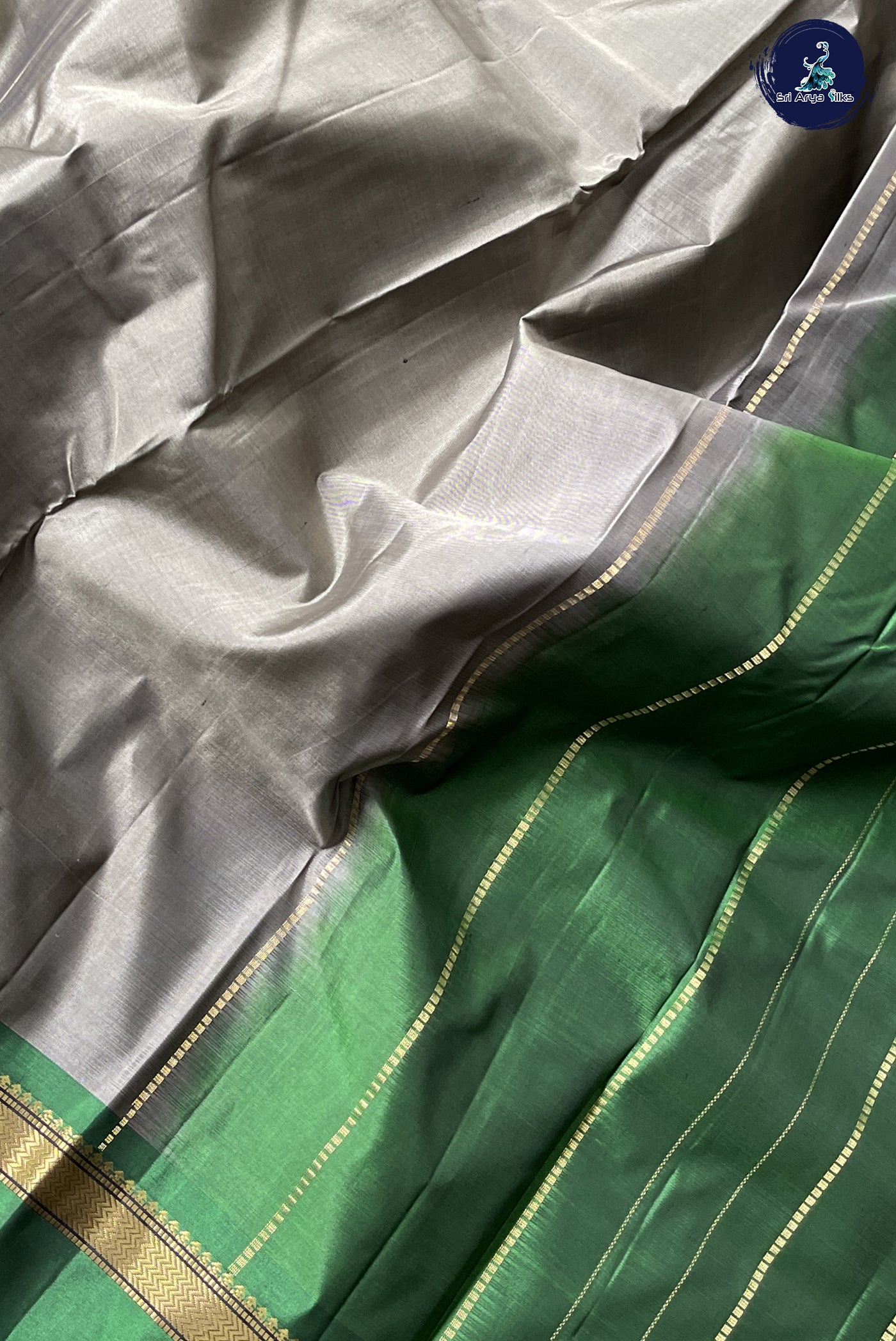 Greenish Grey Light Weight Silk Saree With Plain Pattern