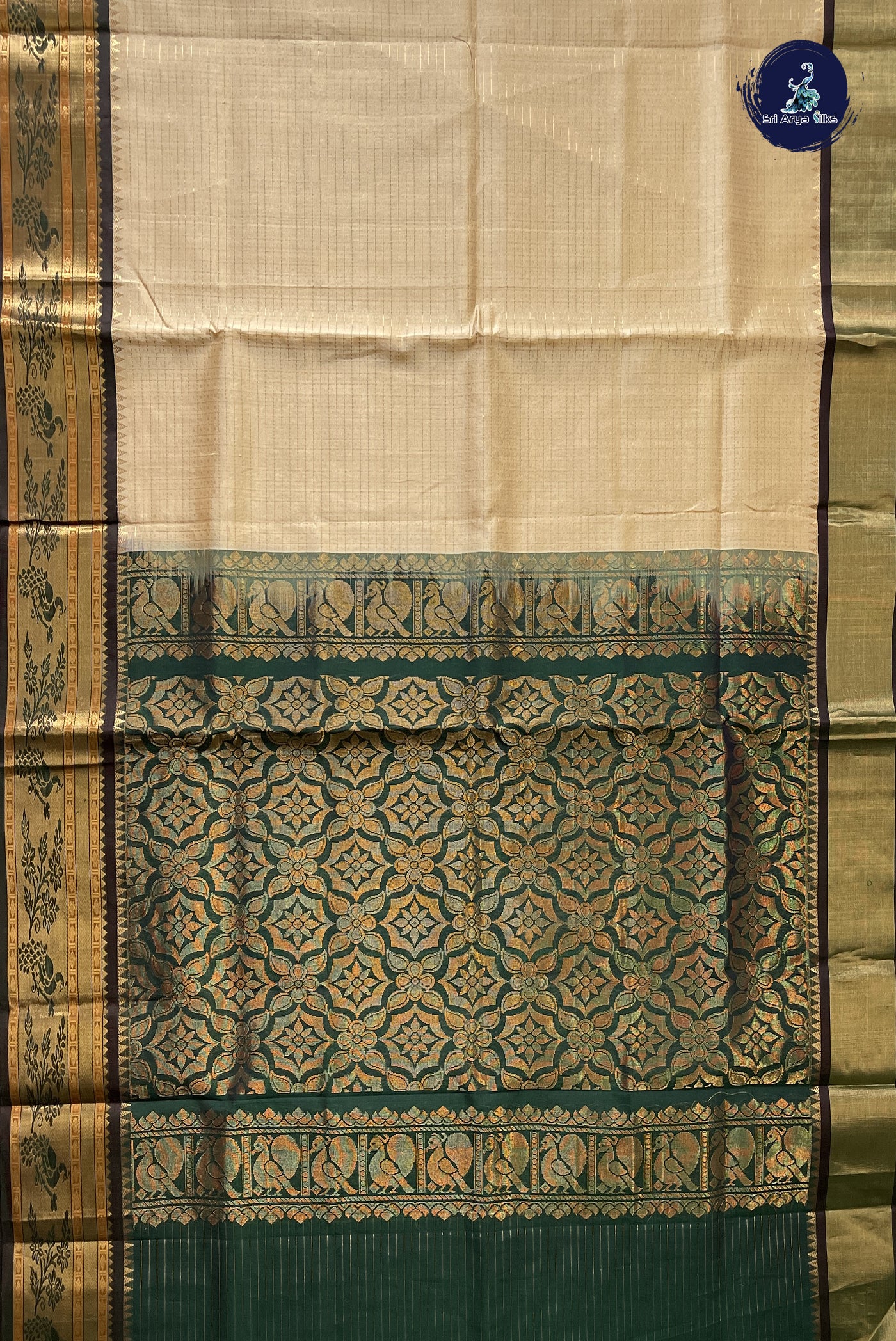 Biscuit Shade Korvai Silk Cotton Saree With Zari Checked Pattern