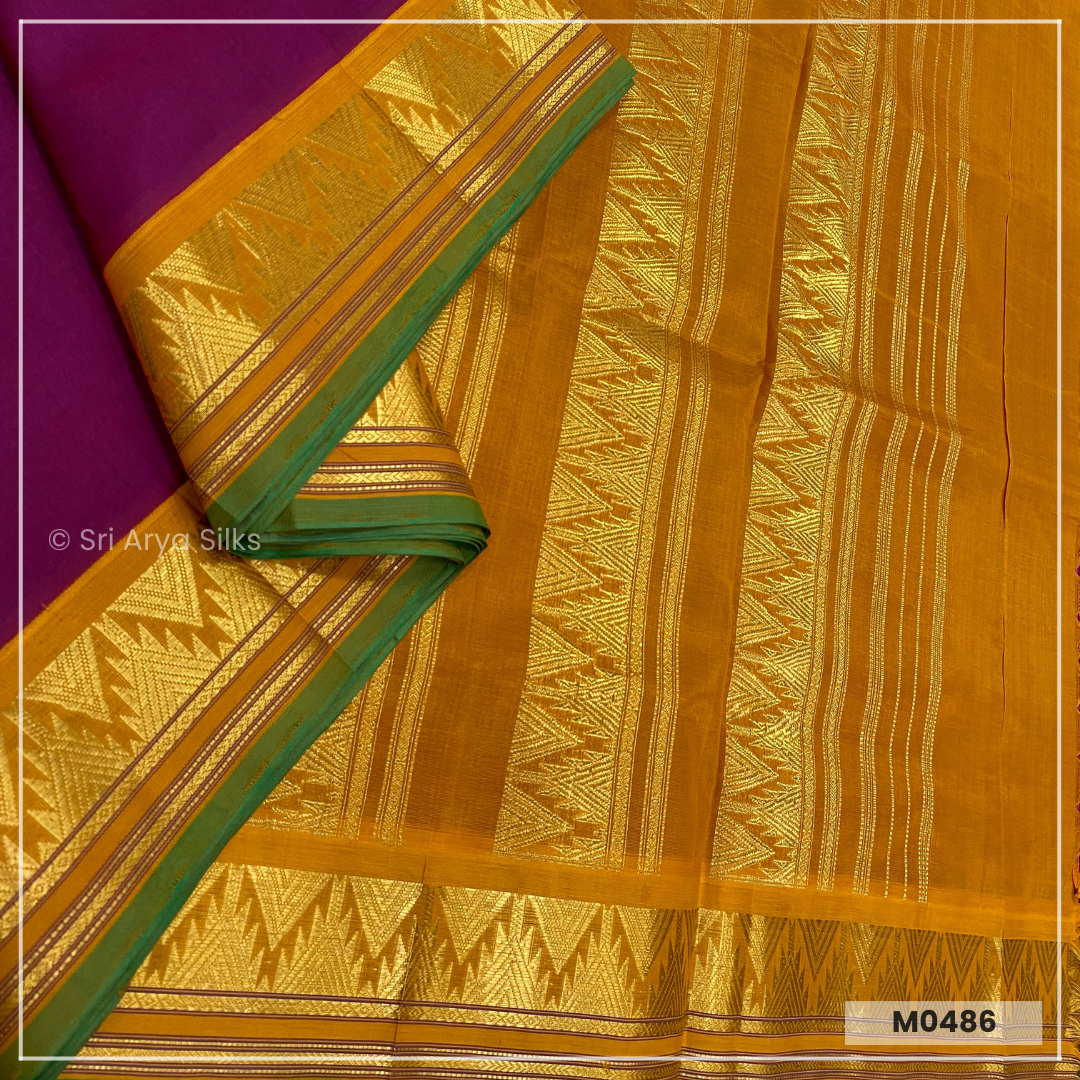 Dark Magenta & Marigold Madisar Handwoven Pure Silk Cotton Saree (10 Yards)