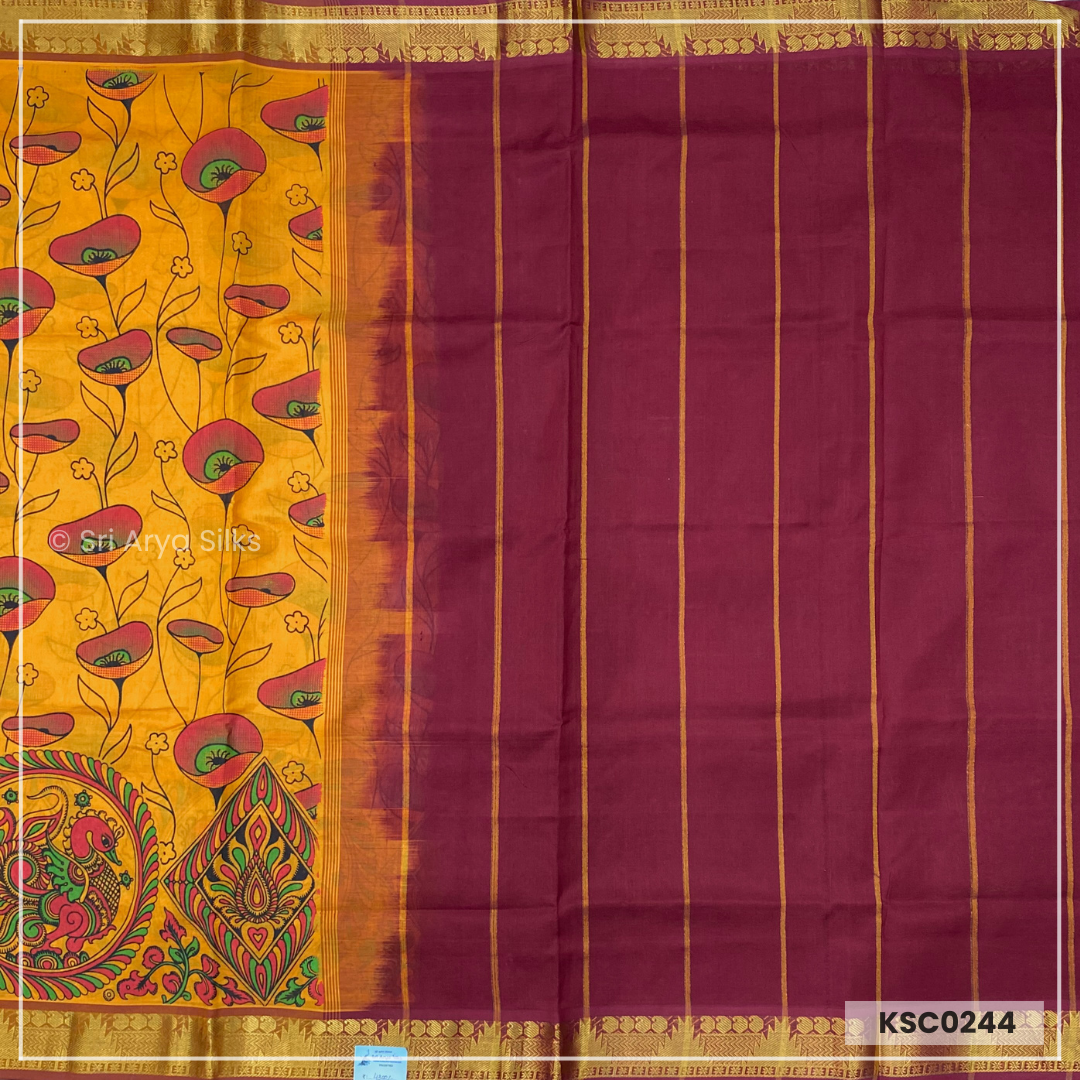 Mustard Yellow & Brown Kalamkari Pure Kanchipuram Silk Cotton Saree