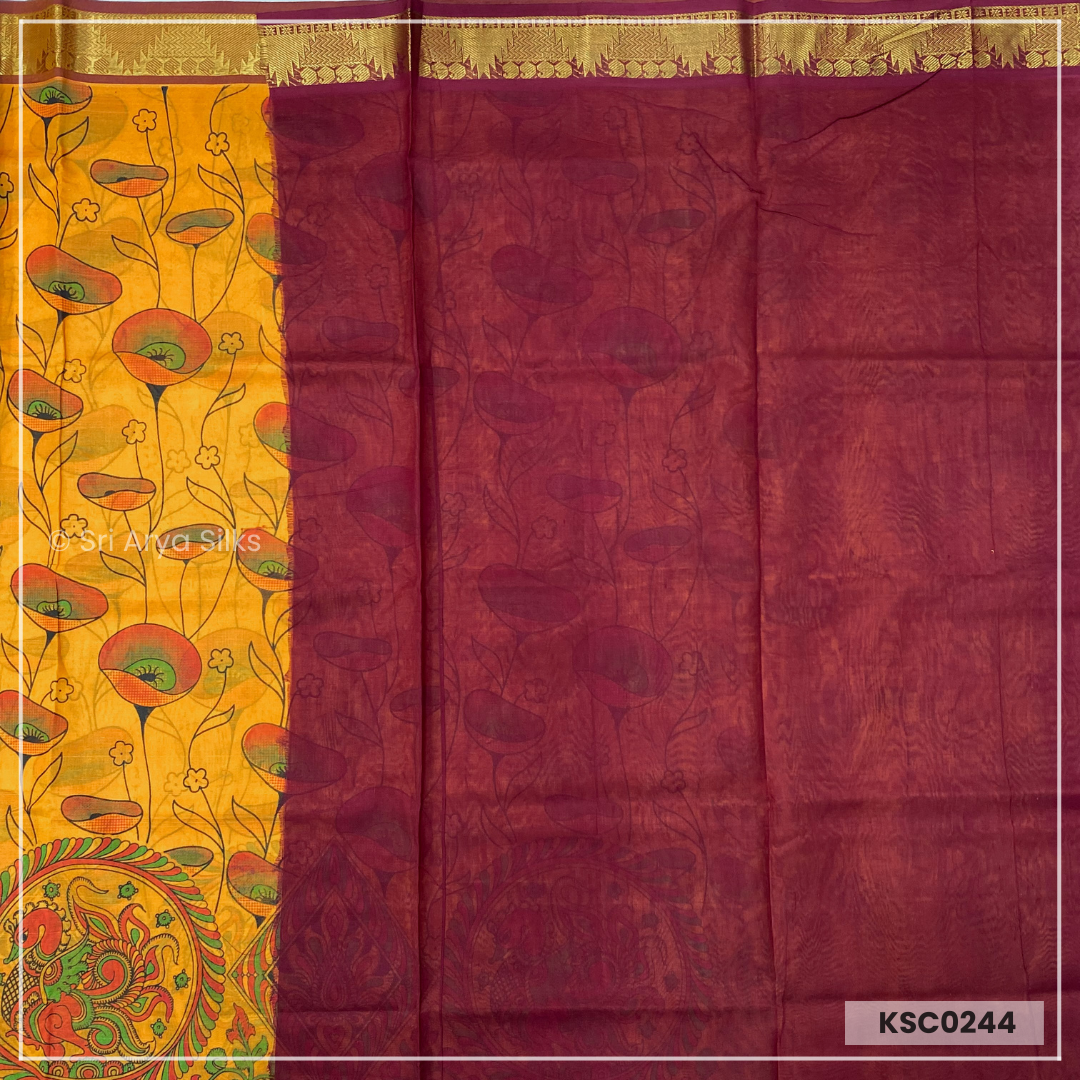 Mustard Yellow & Brown Kalamkari Pure Kanchipuram Silk Cotton Saree
