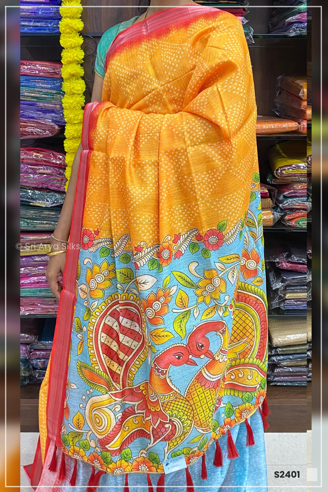 Sadanas Mango Yellow & Red Kalamkari Bhagalpur Silk Sarees.