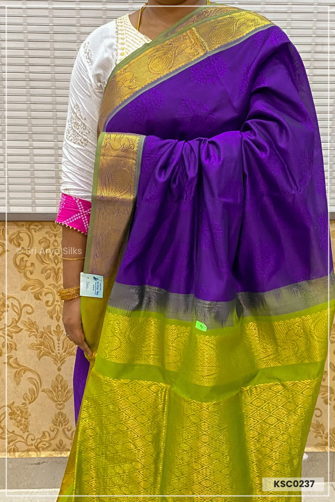 Violet & Light Green Embosed Saree With Light Green Blouse & Embosed Pattern