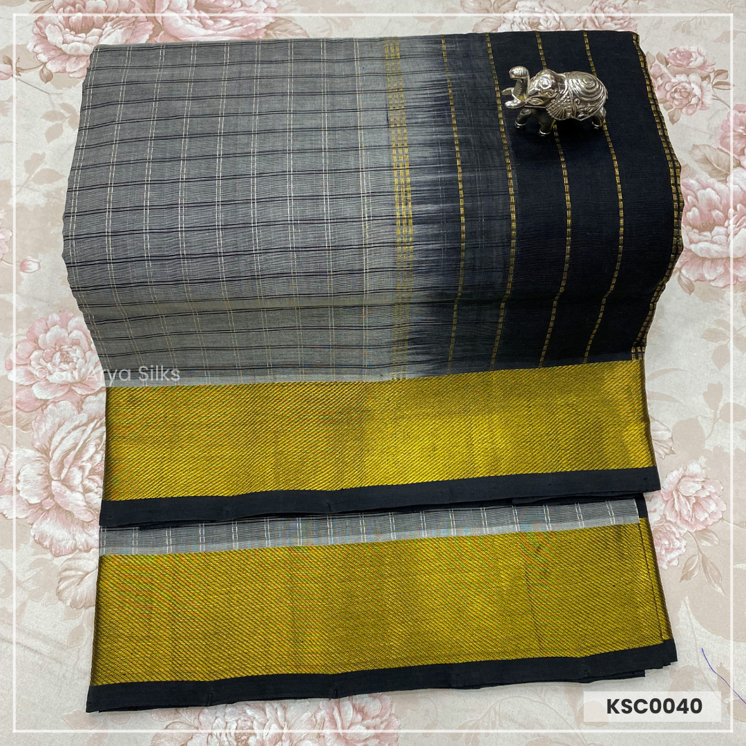 Grey & Black Checked Kanchipuram Silk Cotton Sareee