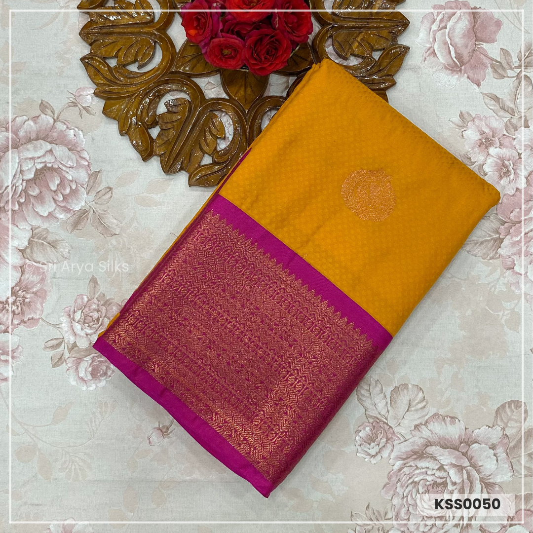 Mustard Yellow & Pink Kanchivaram Semi Silk Saree