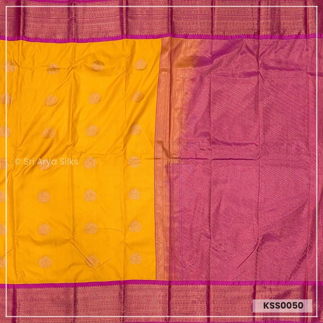 Mustard Yellow & Pink Kanchivaram Semi Silk Saree