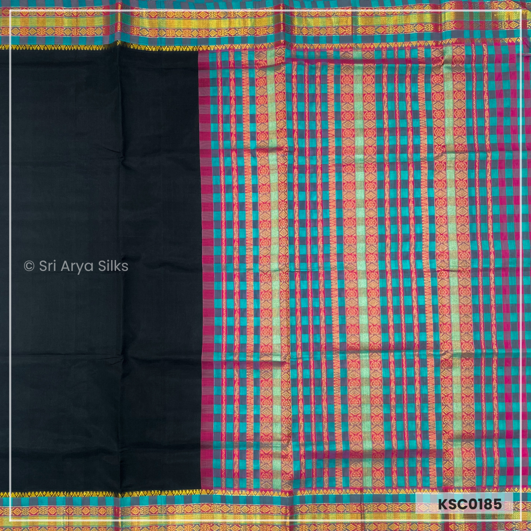 Black & Multi Colour Checked Kanchipuram Silk Cotton Saree
