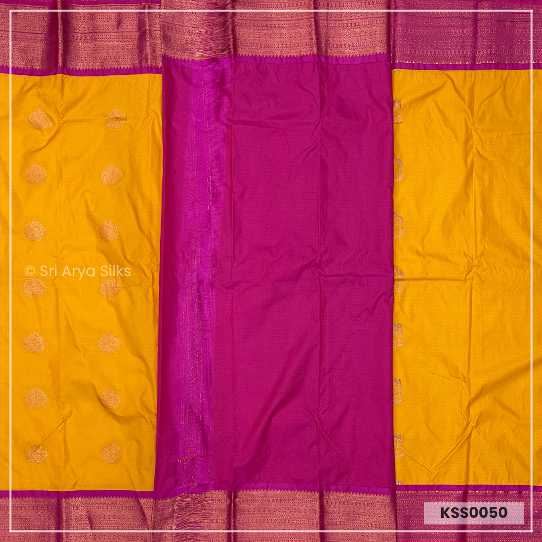 Mustard Yellow & Pink Kanchivaram Semi Silk Saree