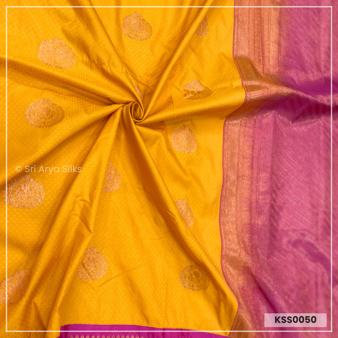 Mustard Yellow & Pink Kanchivaram Semi Silk Saree