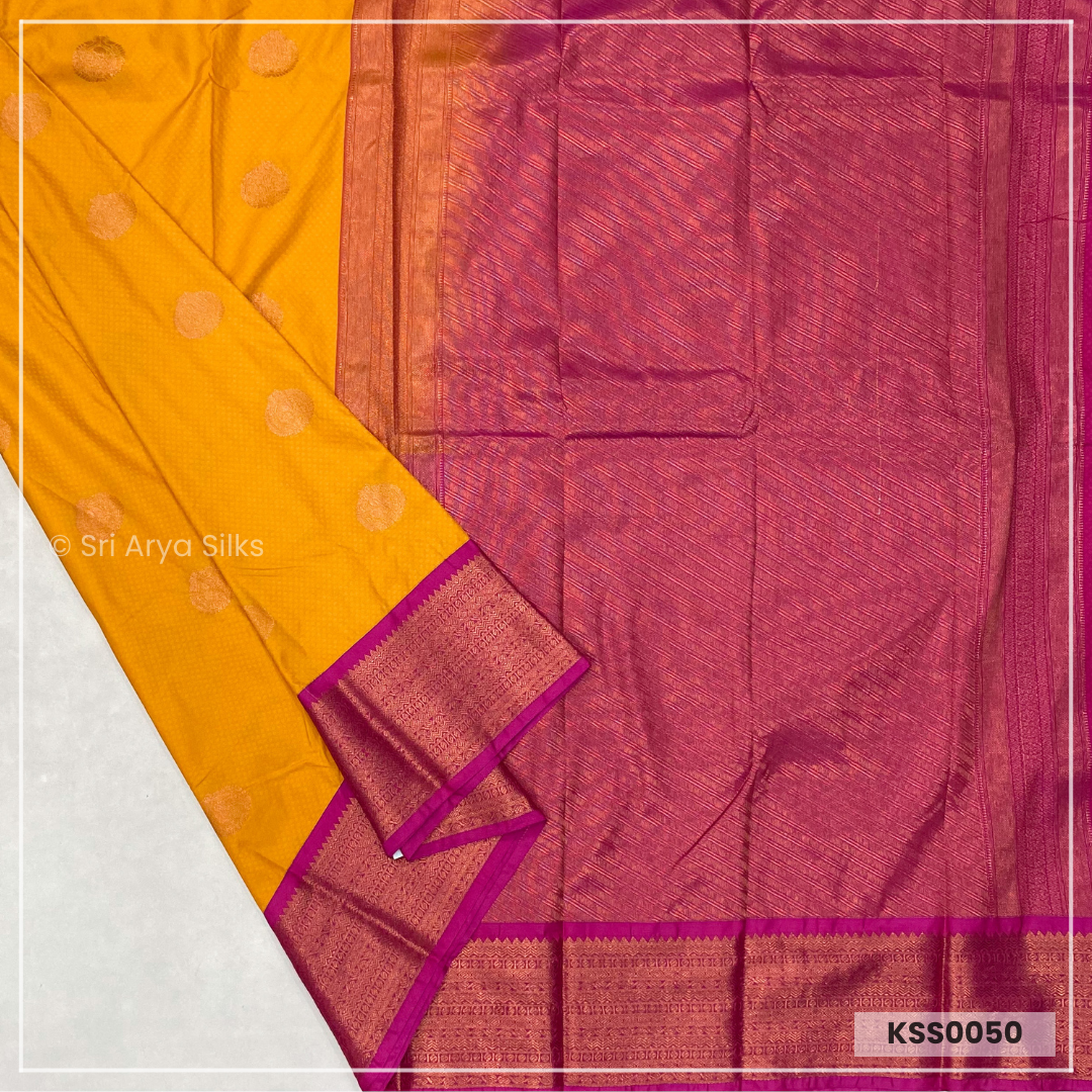 Mustard Yellow & Pink Kanchivaram Semi Silk Saree