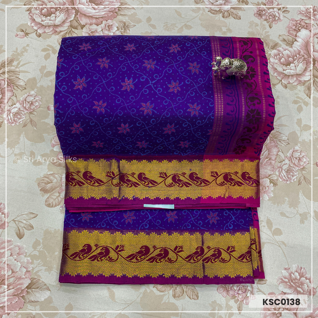 Blue & Pink Printed Kanchipuram Silk Cotton Saree