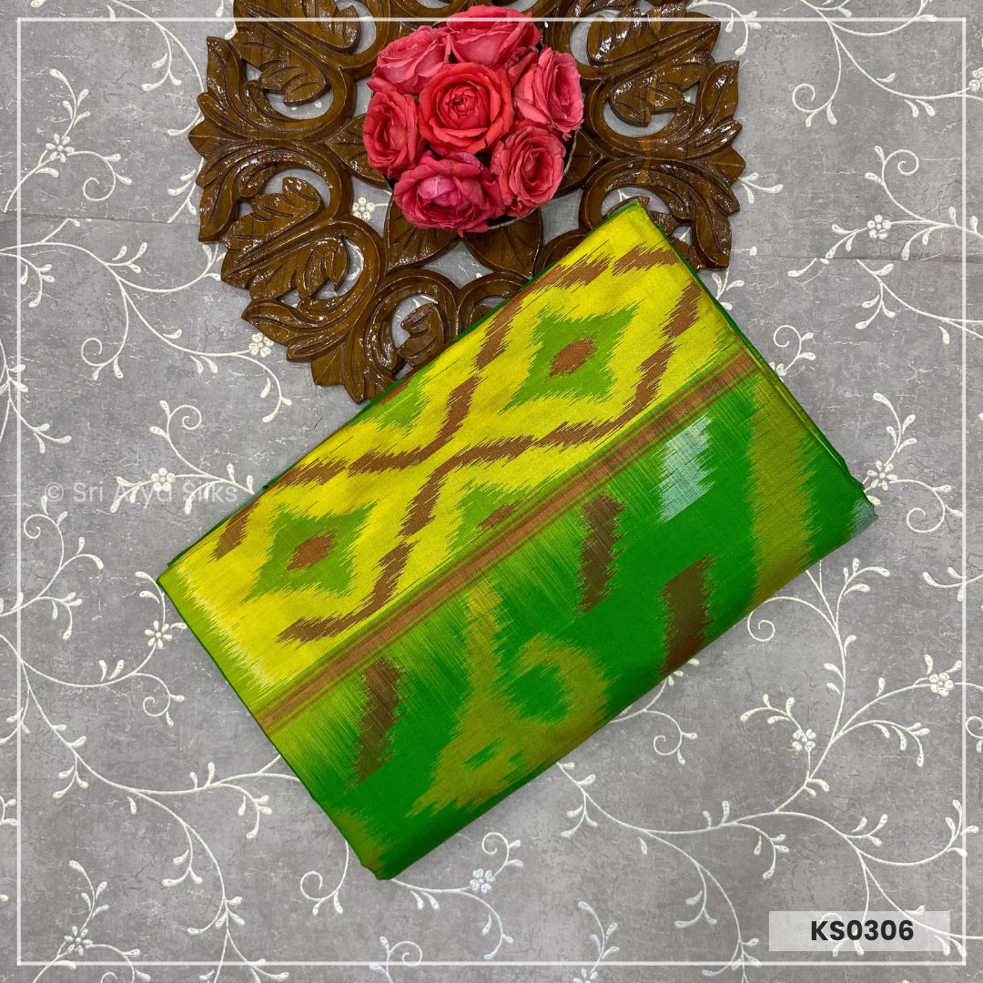 Lime Yellow & Parrot Green Pochampally Soft Silk Pure Kanchivaram Silk Saree