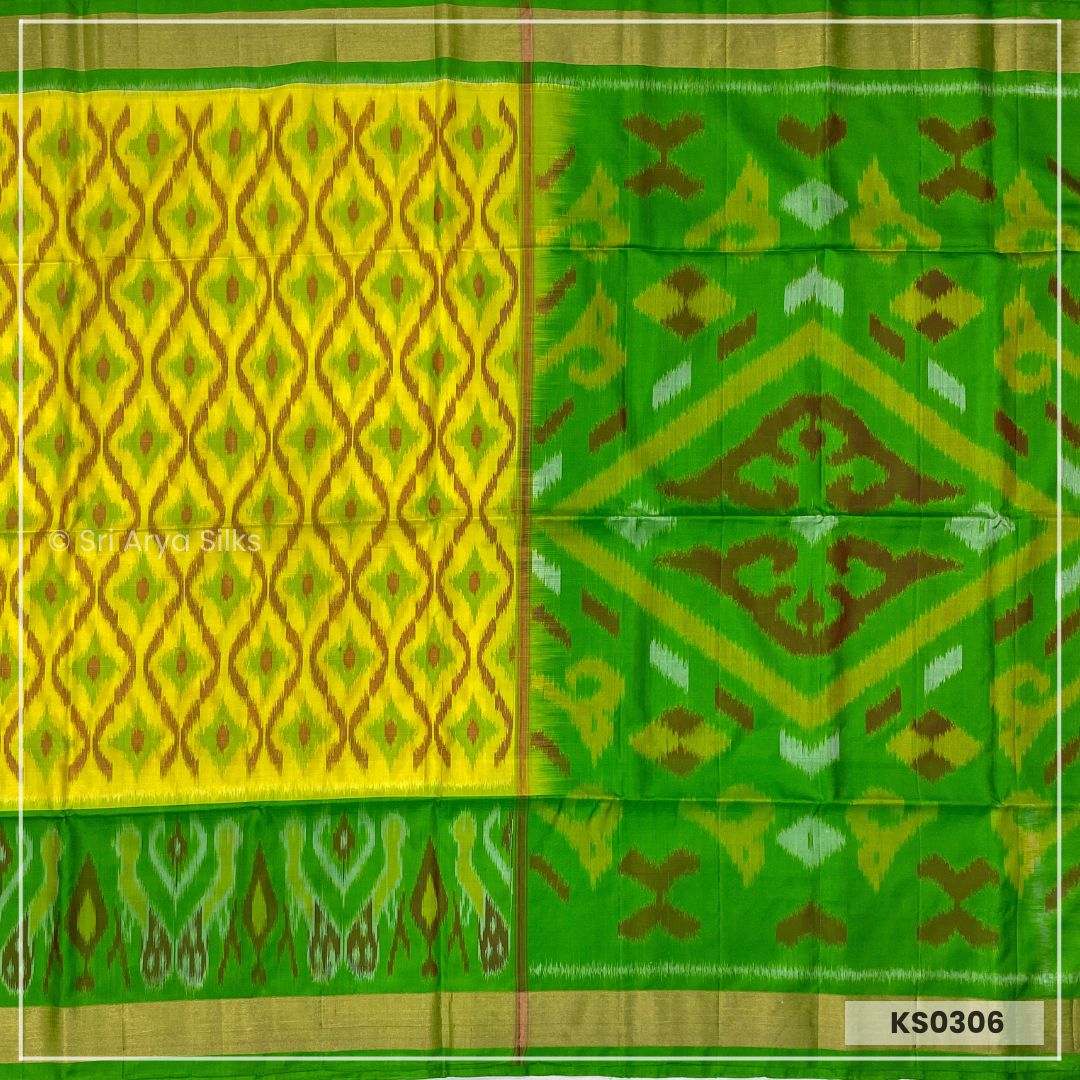 Lime Yellow & Parrot Green Pochampally Soft Silk Pure Kanchivaram Silk Saree