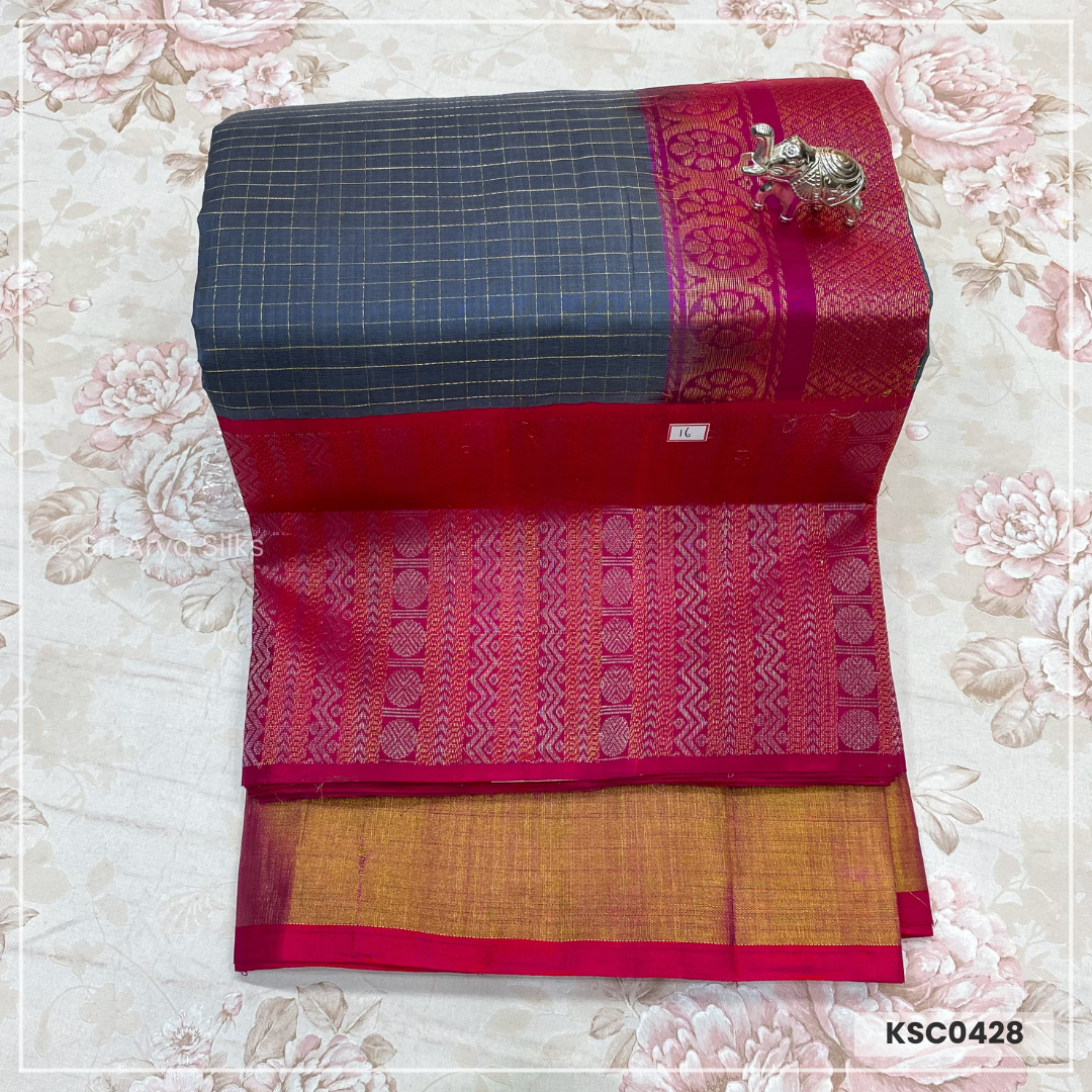 Grey & Magenta Pink Zari Checked Kanchipuram Silk Cotton Saree.
