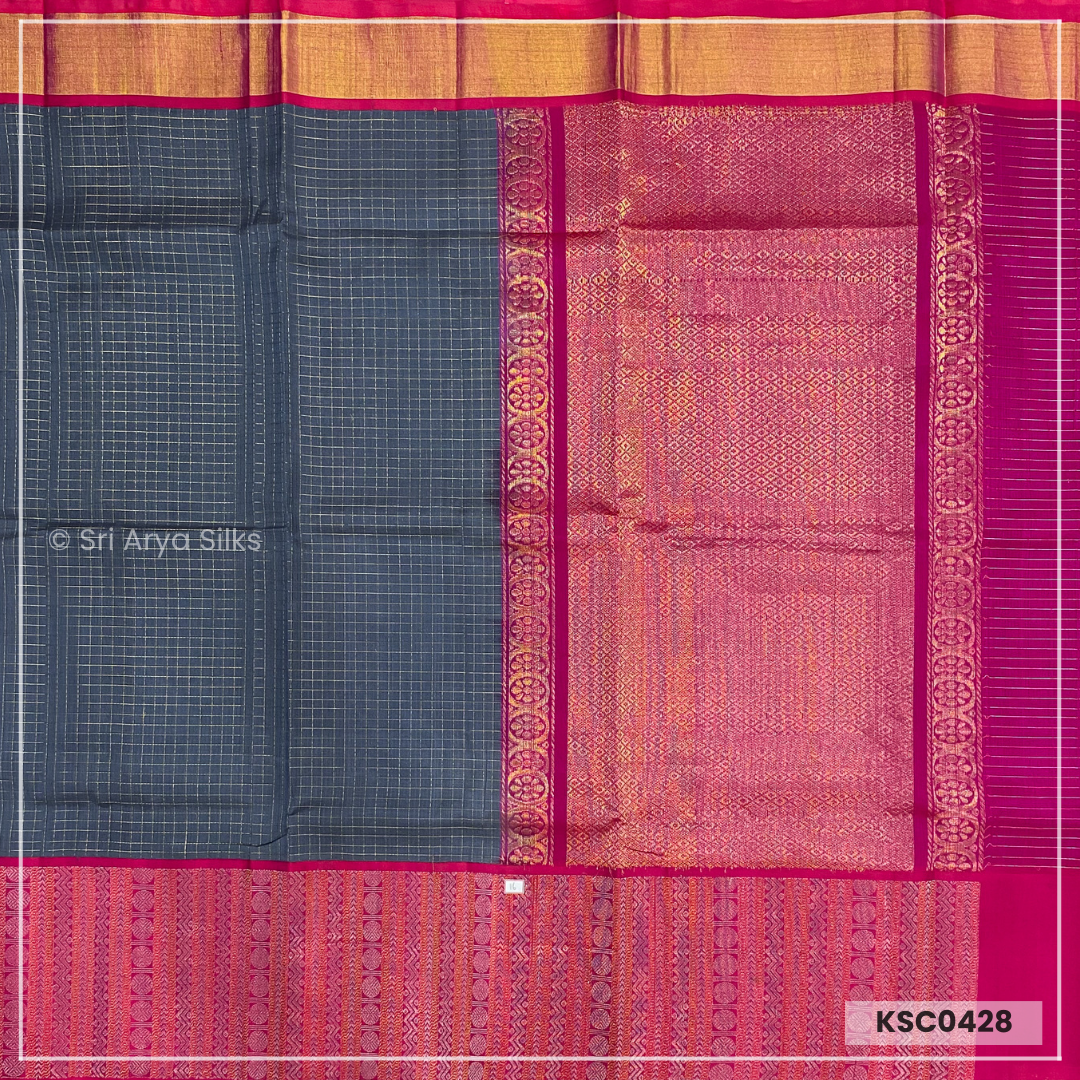 Grey & Magenta Pink Zari Checked Kanchipuram Silk Cotton Saree.