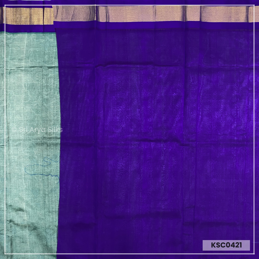 Greenish Grey & Violet Embosed Kanchipuram Silk Cotton Saree.