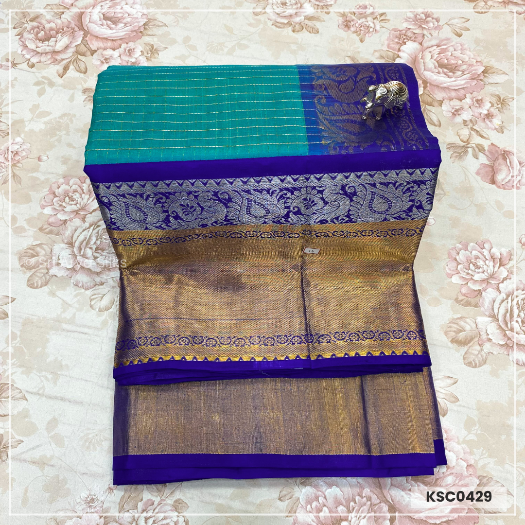 Turquoise & Blue Zari Checked Kanchipuram Silk Cotton Saree.