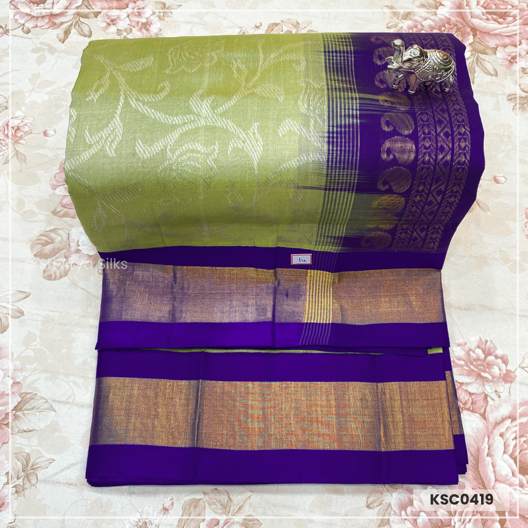 Elaichi Green & Violet Embosed Kanchipuram Silk Cotton Saree.