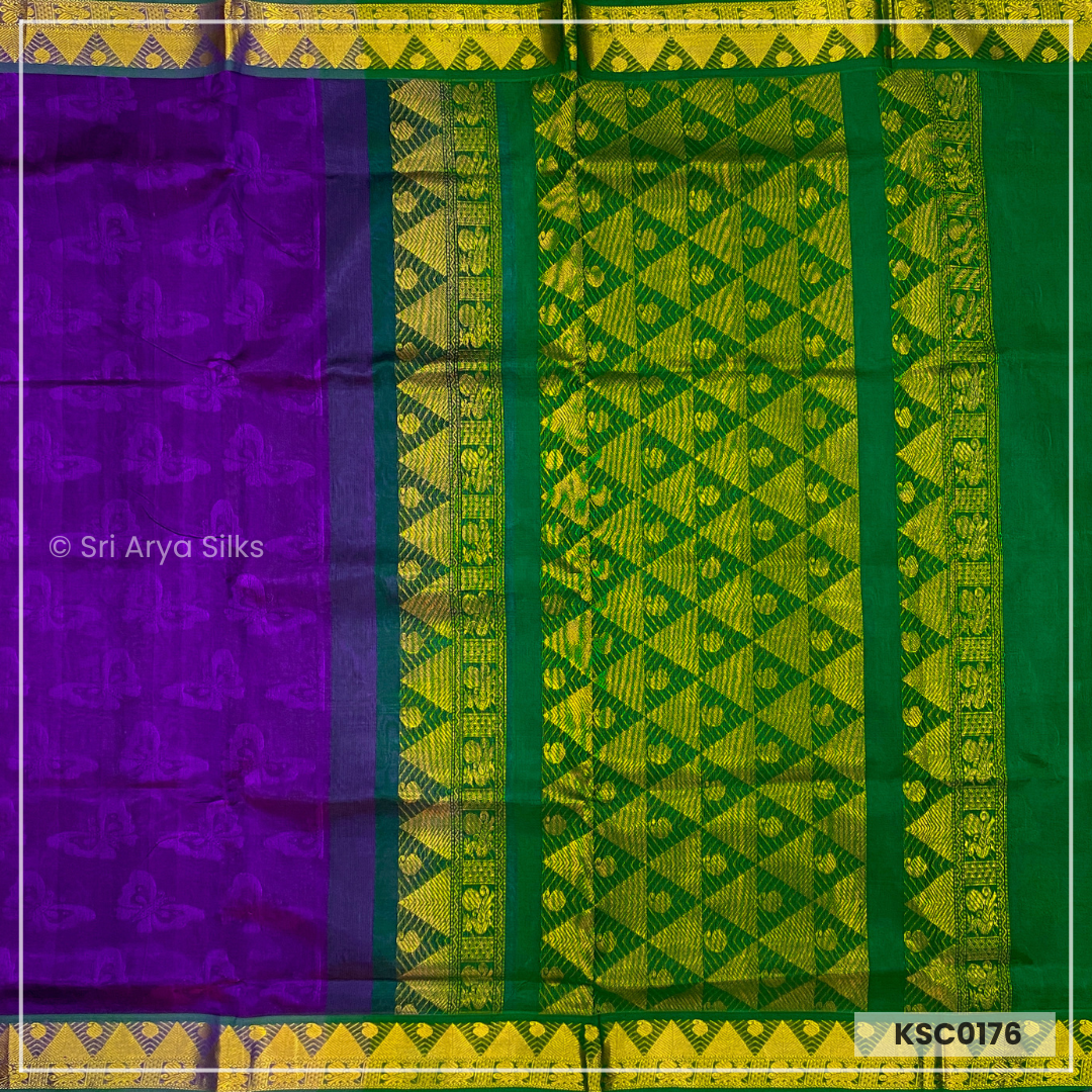 Purple & Green Embosed Kanchipuram Silk Cotton