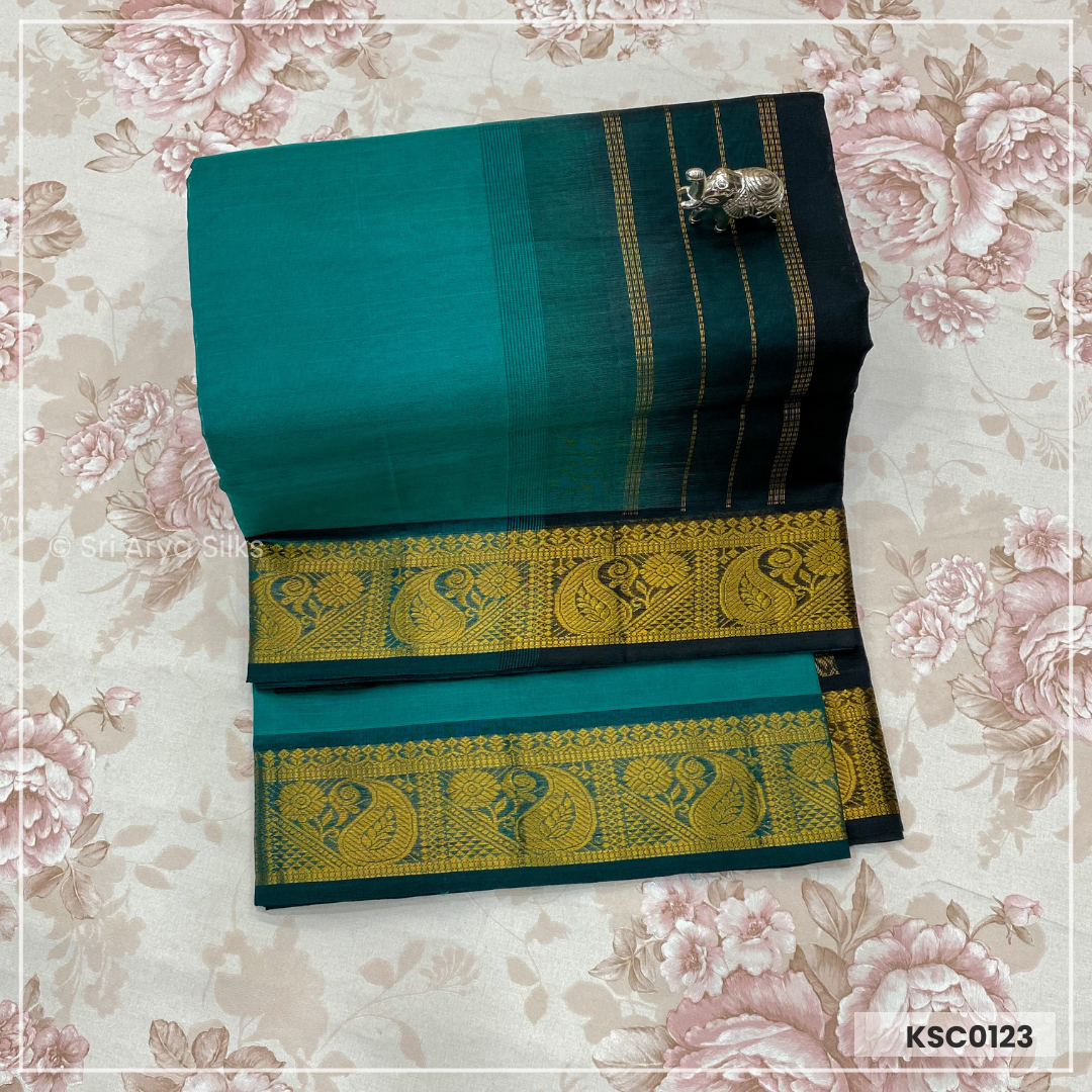Turquoise & Black Kanchipuram Silk Cotton Saree
