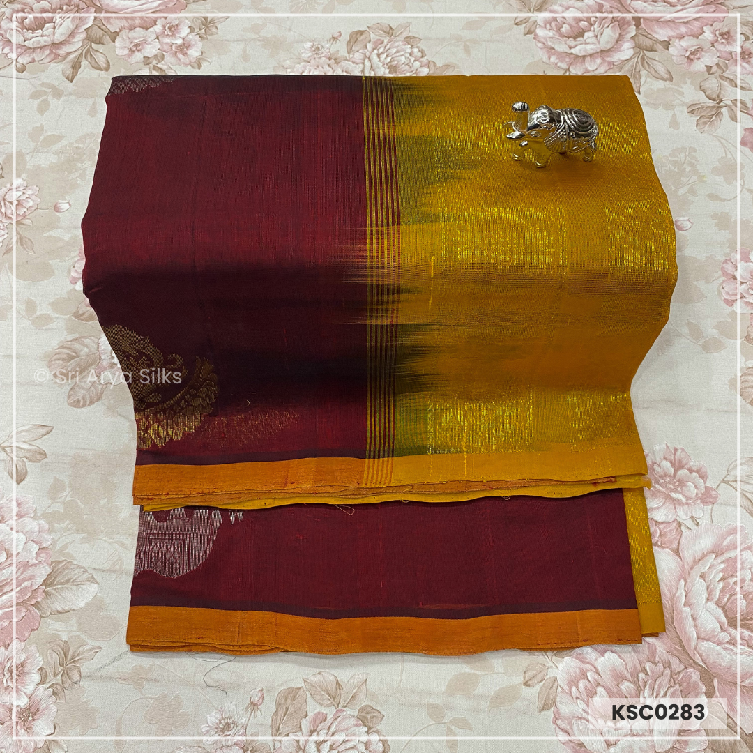 Maroon & Mustard Yellow Kanchipuram Silk Cotton Saree.