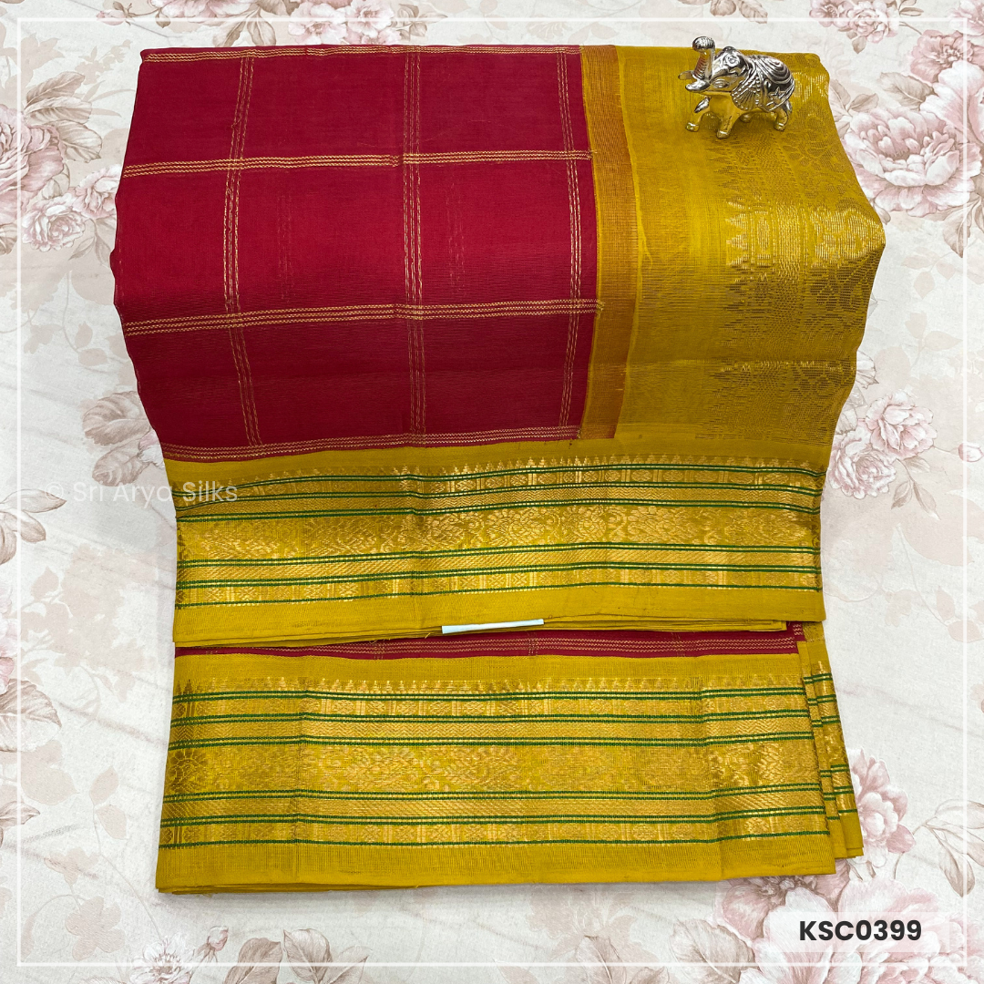 Red & Mustard Yellow Pure Checked Kanchipuram Silk Cotton Saree