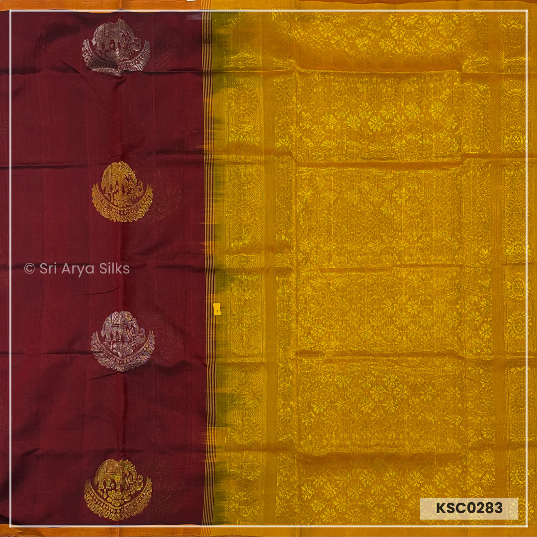 Maroon & Mustard Yellow Kanchipuram Silk Cotton Saree.