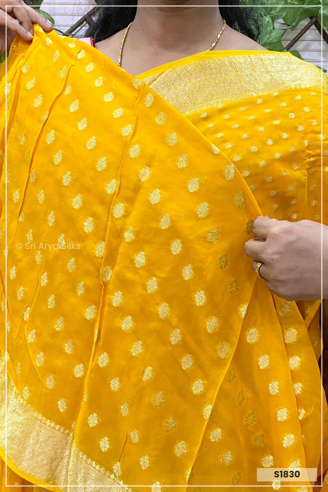 Mustard Yellow Georgette Banarasi  Saree With Yellow Blouse & Banarasi Pattern