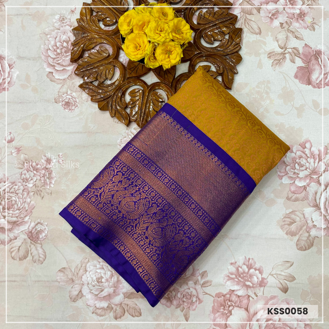 Golden Yellow & Dark Blue Kanchivaram Semi Silk Saree