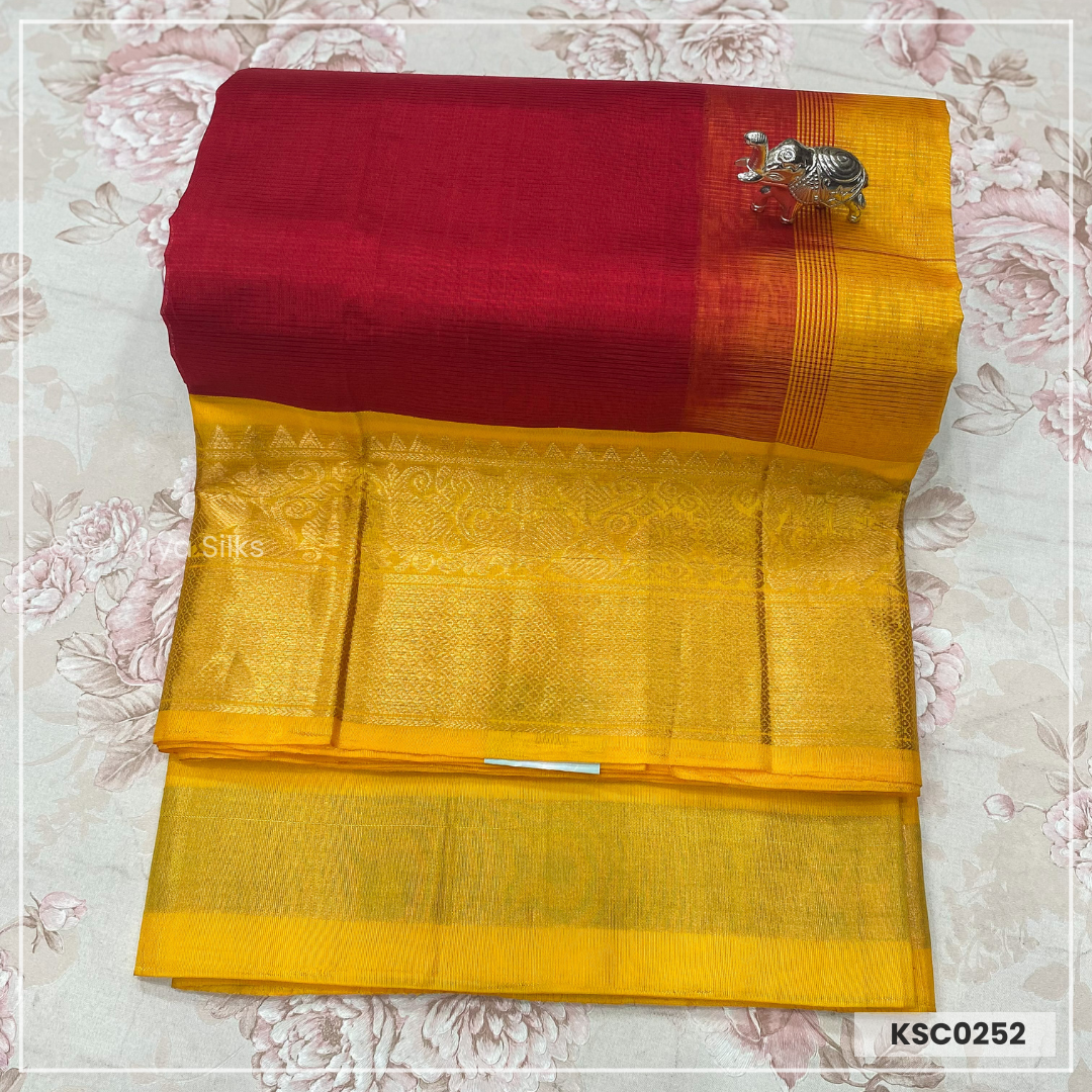 Red & Orange Kanchipuram Korvai Silk Cotton Saree