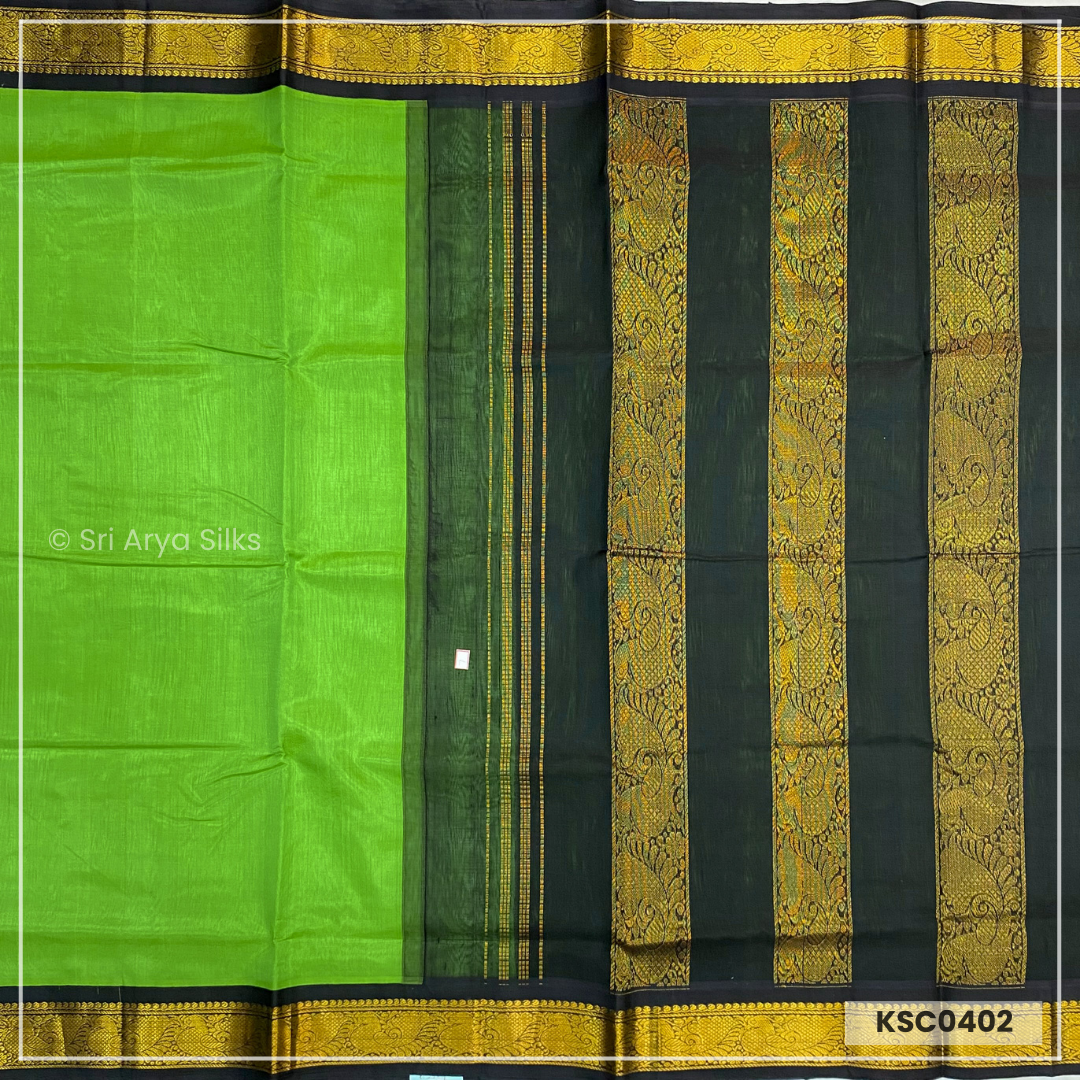 Parrot Green & Black Pure Kanchipuram Silk Cotton Saree.
