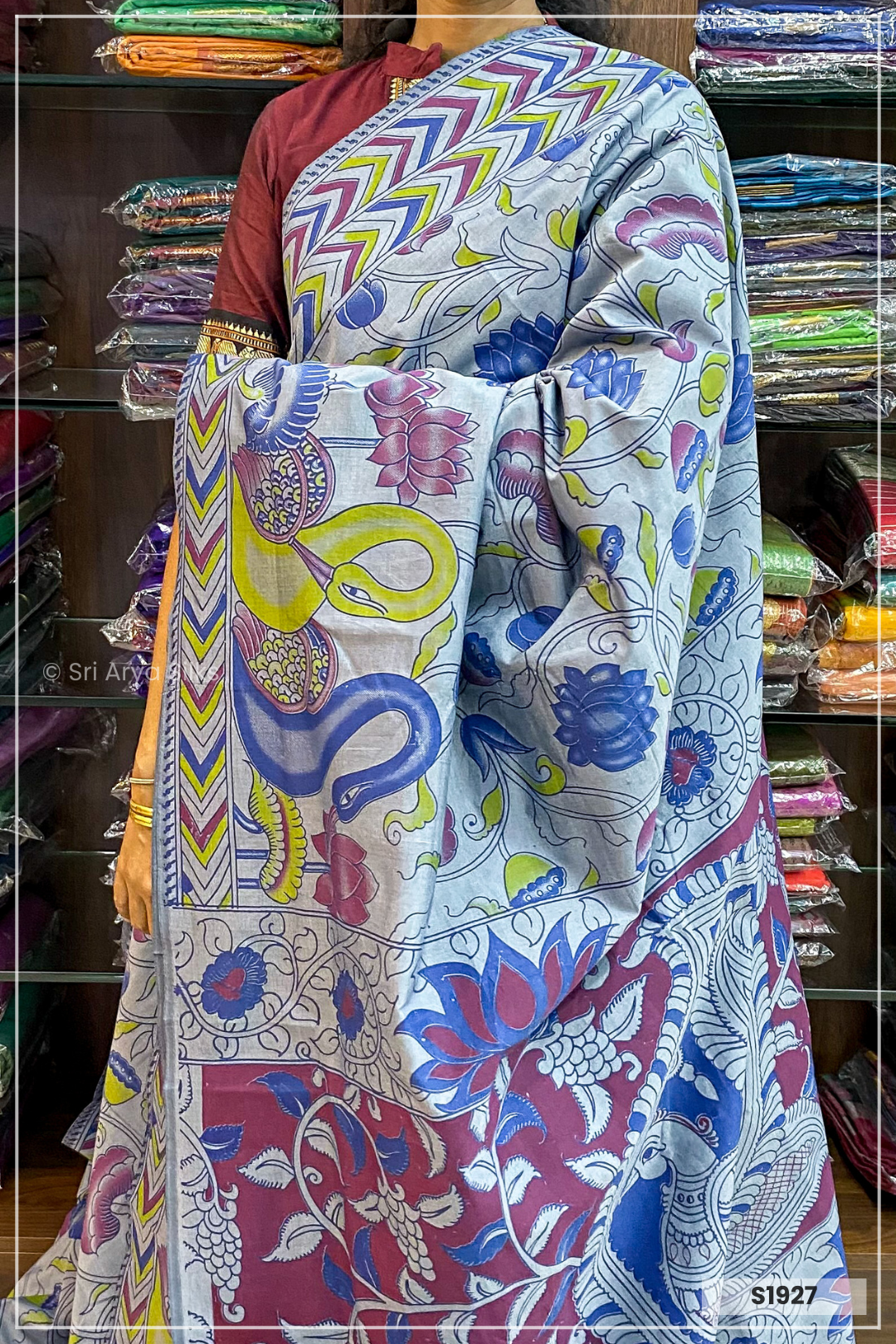 Sadanas Grey Kalamkari Printed Semi Silk Cotton Saree