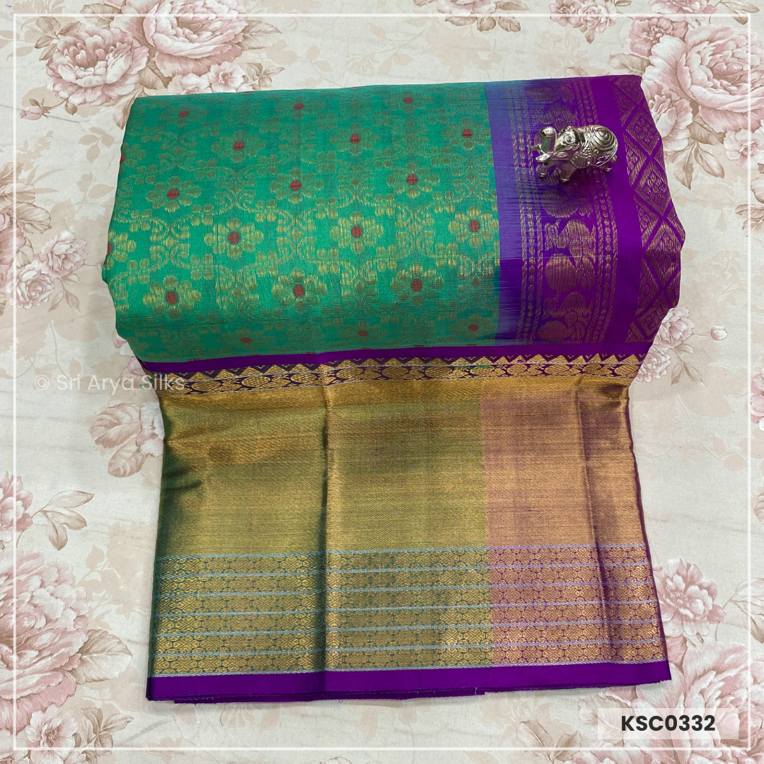 Sea Green & Purple Kanchipuram Bridal Silk Cotton Saree.