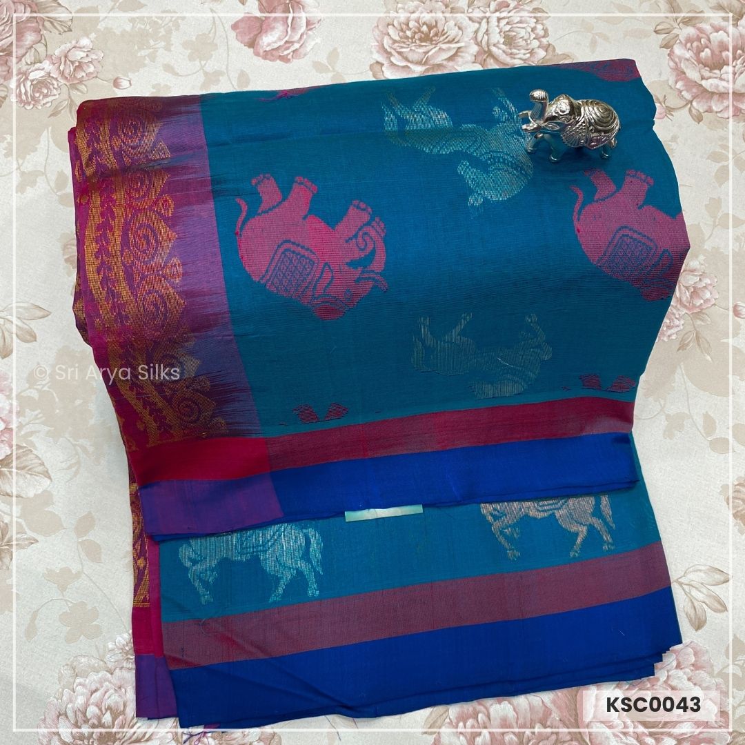 Blue & Pink Kanchipuram Silk Cotton Saree
