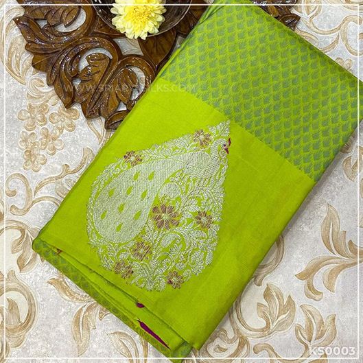 Lime Green Brocade Pure Kanchivaram Silk Saree from Sri Arya Silks, Chennai