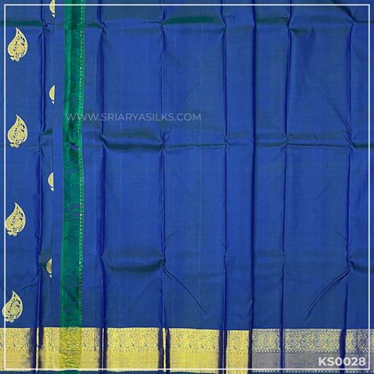 Peacock Blue Traditional Pure Kanchivaram Silk Saree from Sri Arya Silks, Chennai