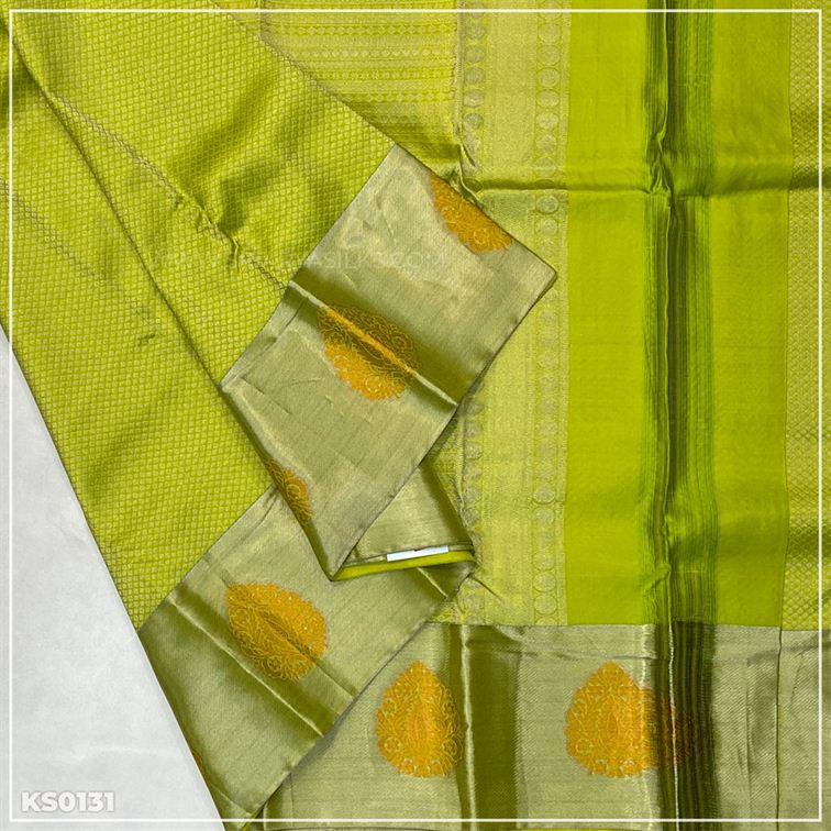 Flourescent Green Kanchivaram Brocade Silk Saree from Sri Arya Silks, Chennai