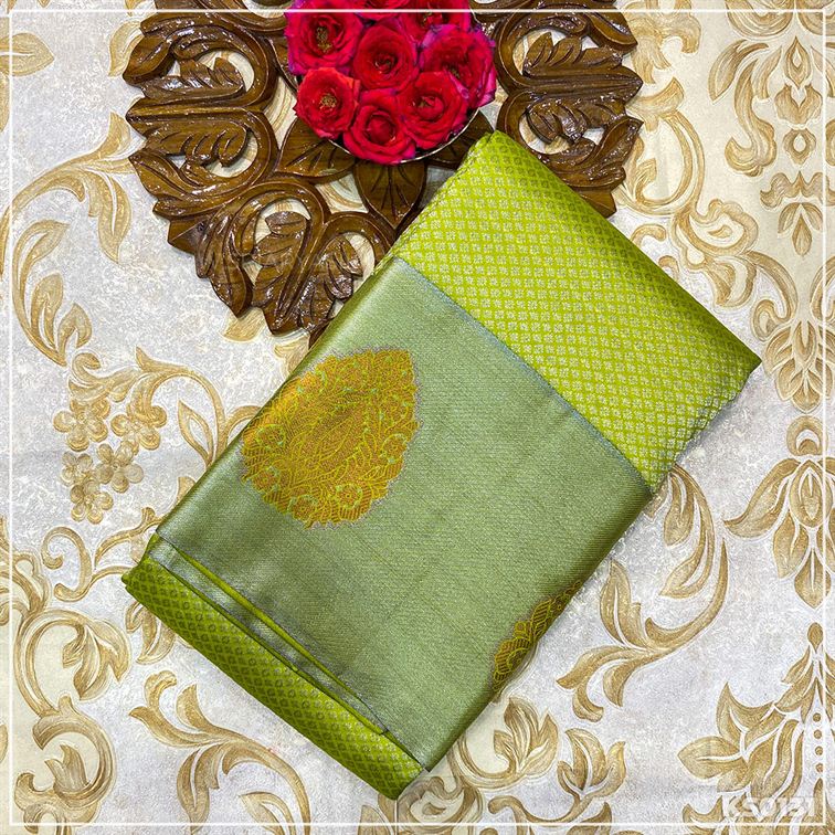 Flourescent Green Kanchivaram Brocade Silk Saree from Sri Arya Silks, Chennai