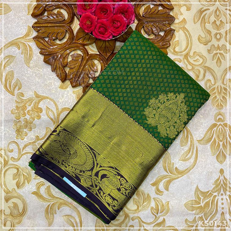Green Snuf Kanchivaram Brocade Silk Saree from Sri Arya Silks, Chennai