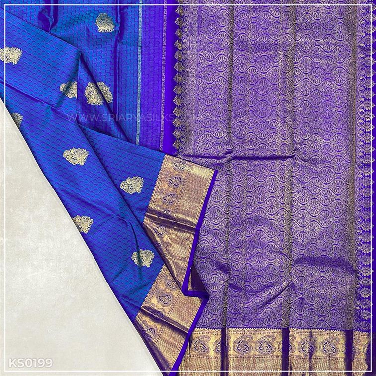 Cobalt Blue Kanchivaram Brocade Silk Saree from Sri Arya Silks, Chennai